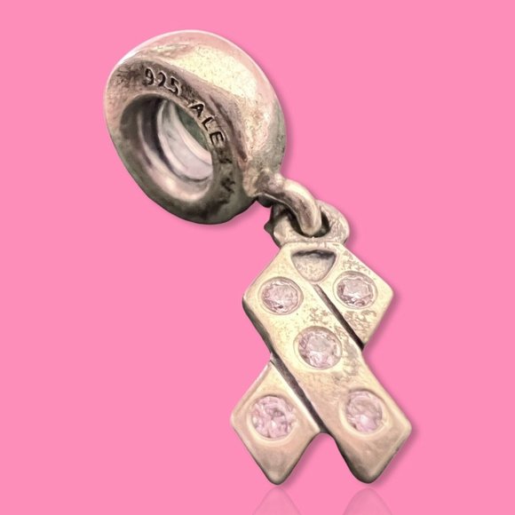 PANDORA SILVER Pink CZ Breast Cancer Ribbon Charm Dangle Bead ALE 925 790314PCZ - Picture 1 of 5